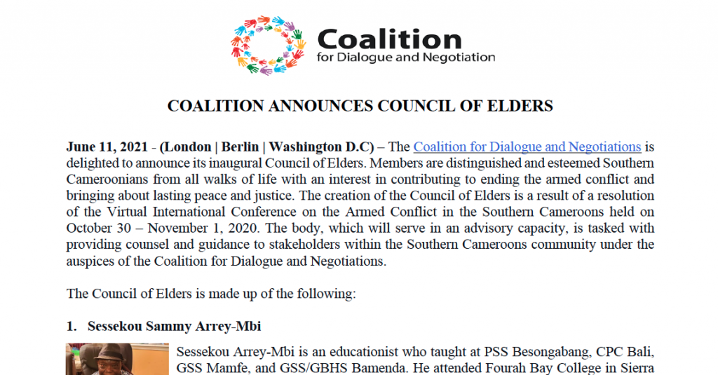Coalition Announces Council of Elders